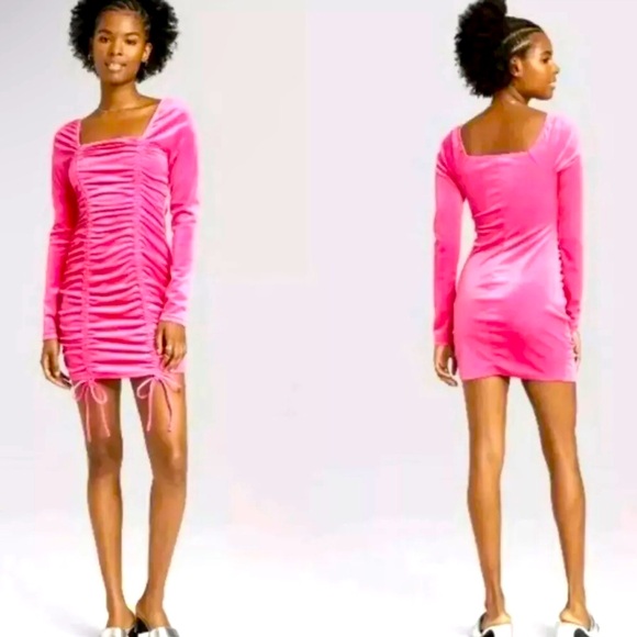 2000s Y2K Style HOT PINK Velvet Bodycon Dress RUCHED shirring Wild Fable Medium - Picture 1 of 1